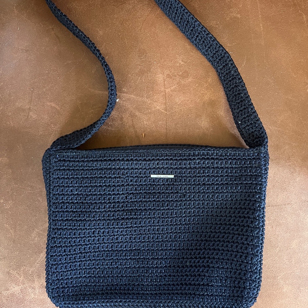The Sak Crossbody Crochet Knit Small Shoulder Bag Purse Zip Closure Navy Blue
